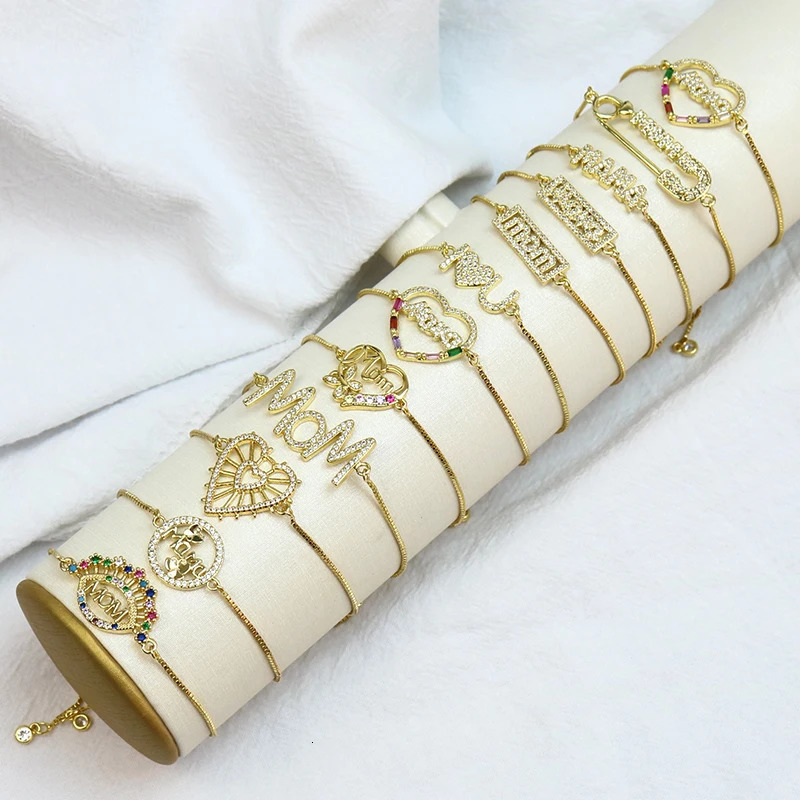 10 Pcs Mama charms Bracelet 18k Gold Plated Mothers Day Series Zircon Jewelry Bracelet Mother Gift 40004 240719
