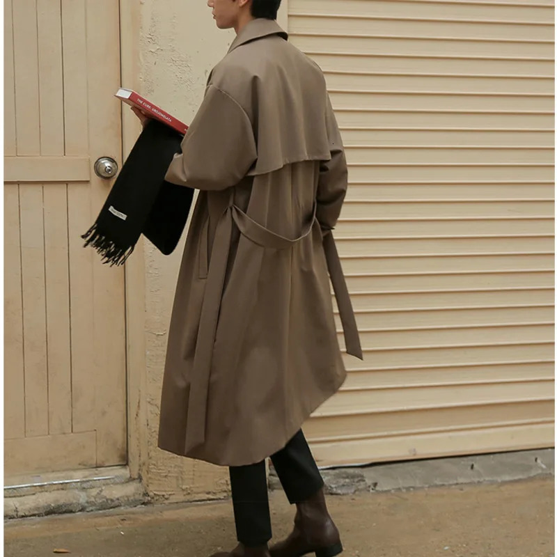 IEFB Autumn Korean Fashion Double Breasted Windbreaker Mens Middle Long Loose Handsome Mens Trench Coat Belt 9Y5262 240719