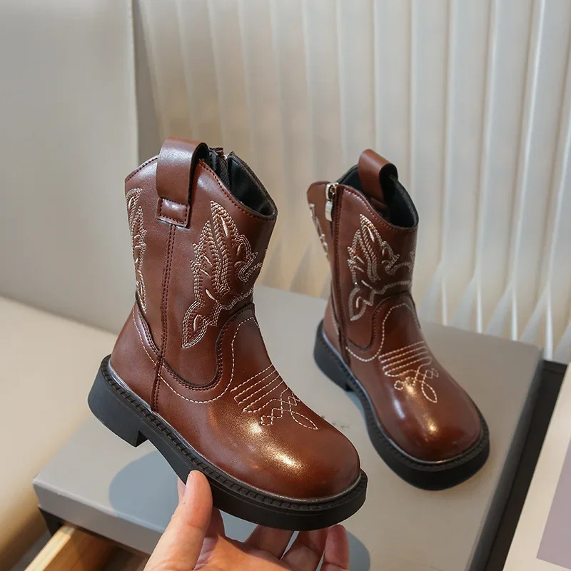 Embroidery Girls Cowboy Boots PU Leather Round Toe Zip Kids Mid Calf Short Shoes PU Leather Solid Children Fashion Boots 240710