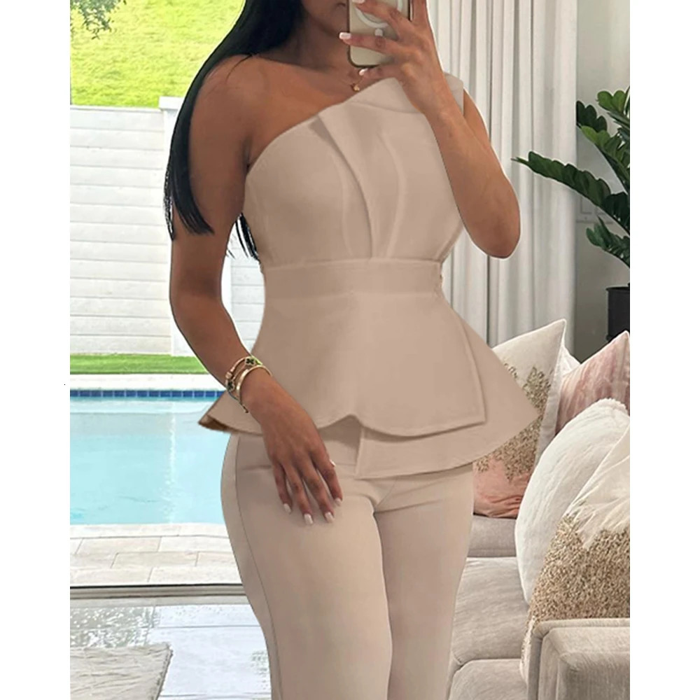 Womens one shoulder pleated top straight leg pants set elegant solid color twopiece office suit y2k clothing 240718