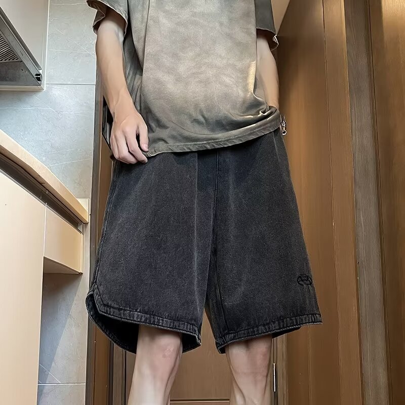 Cowboy shorts for men and women, street fashion brand, loose straight leg mid length pants, student casual five quarter pants