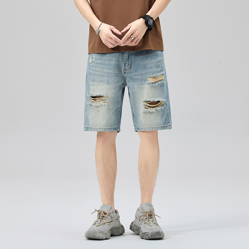 2024 Summer American Light Blue Washed Piercing Trendy Brand Denim Five Cent Shorts Men's Wear