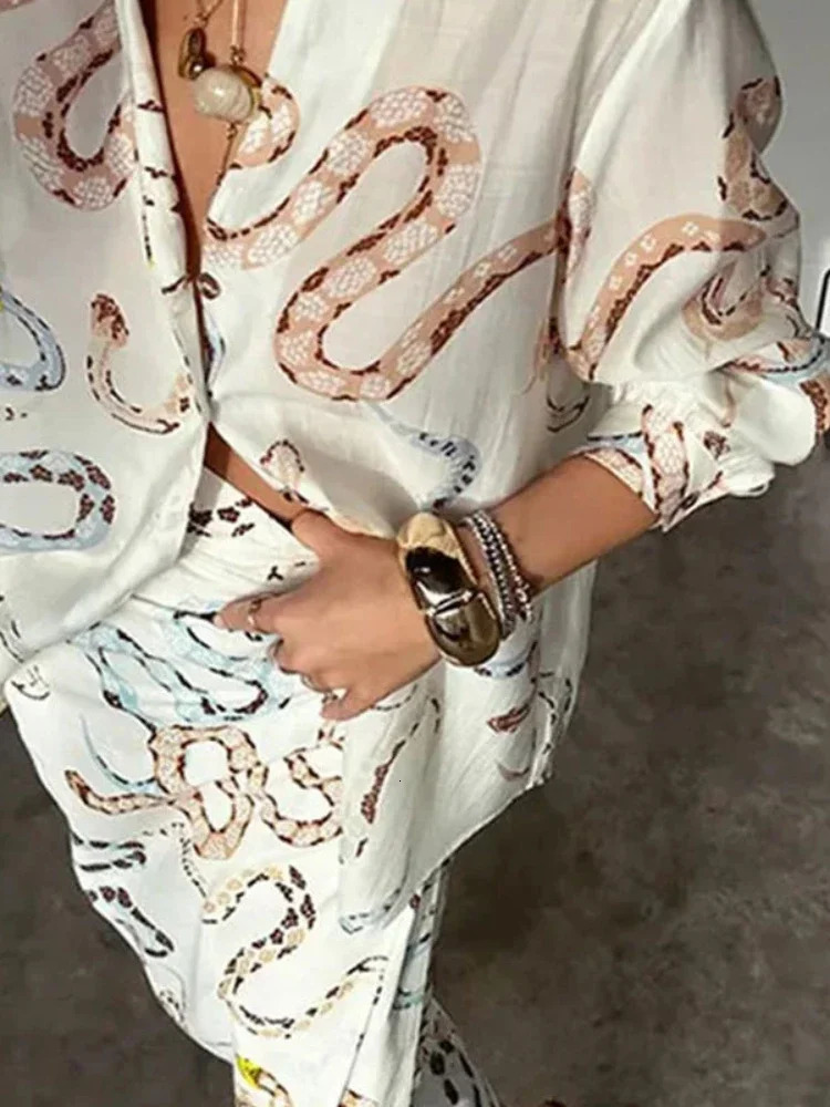 Print Shirt Skirt for Women Long Sleeve Dress Slit Womens Single Breasted Beach Two Piece Sets Outifits 240710