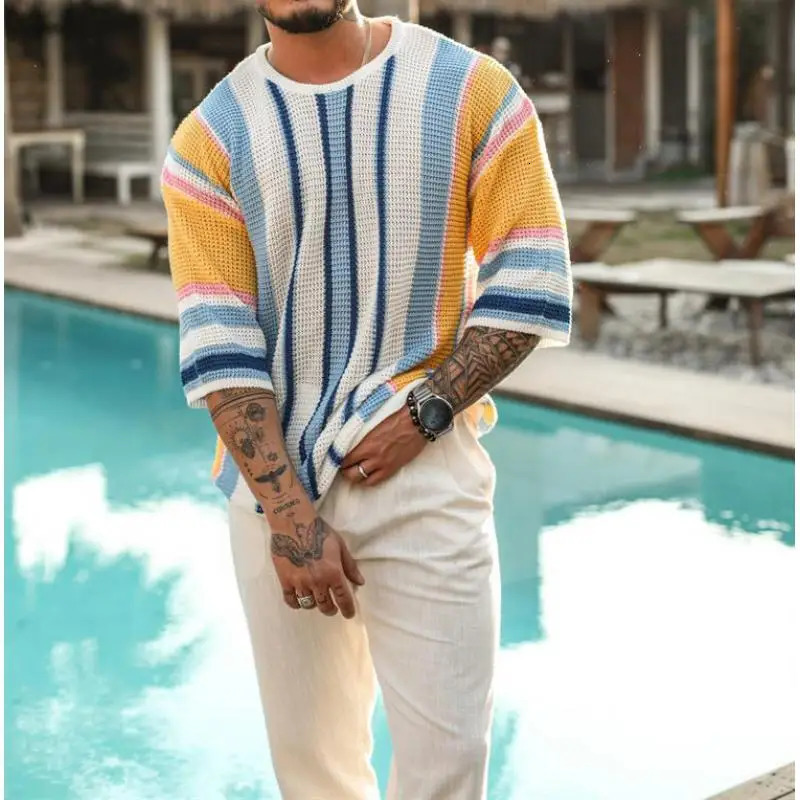 Striped Knitted Sweater For Men Korean Clothing Mens Short Sleeve Knit Sweater Mens Summer Jumper Knitted Short Sleeve Summer 240710