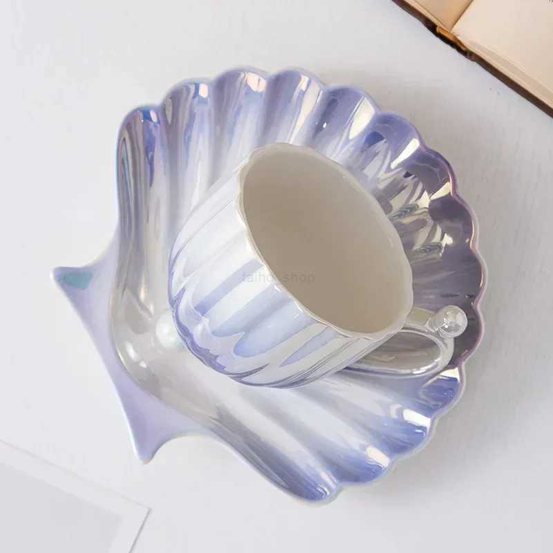 Ins Style Gradient Pearl Shell Household Good-looking Afternoon Tea Cup and Saucer Exquisite Ceramic Coffee Cup SetB240720