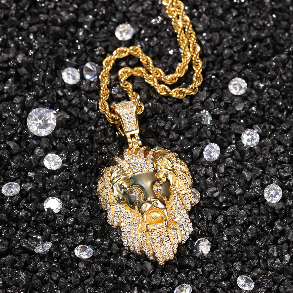Hip Hop Lion Head Pendant Necklace 18k Gold Plated with Rope Chain Mens Rap Jewelry