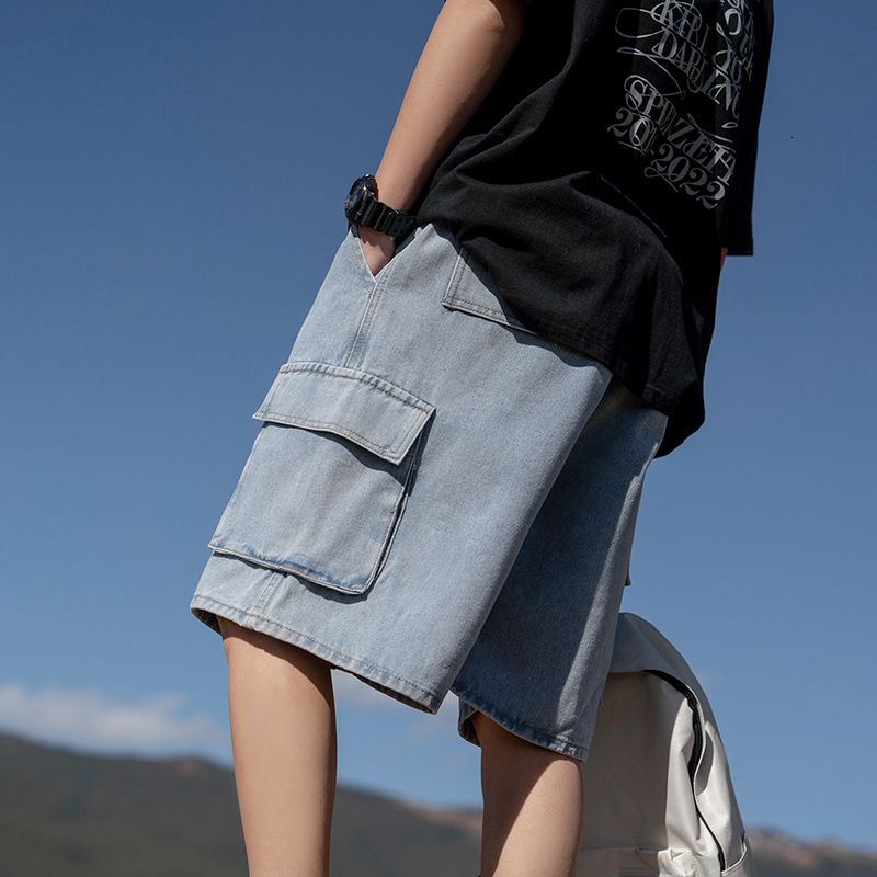 Summer new trend five quarter denim men, loose workwear, elastic waistband, lace up shorts for men