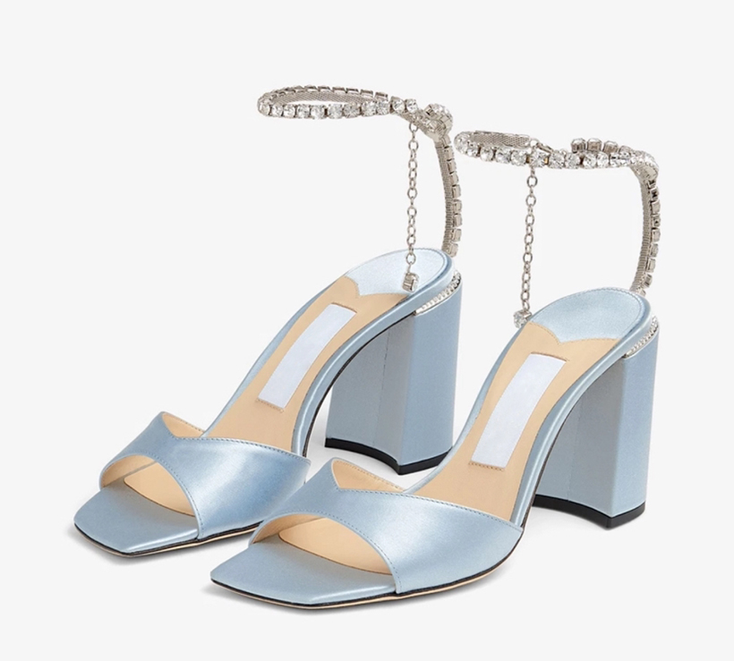 Fashion Ladies Sandals SAEDA SANDAL/BH 85 mm Pumps Light Blue Satin High Heels Italy Crystal Ankle Chain Embellished Peep Toes Designer Coarse Heels Sandal Box EU 35-43