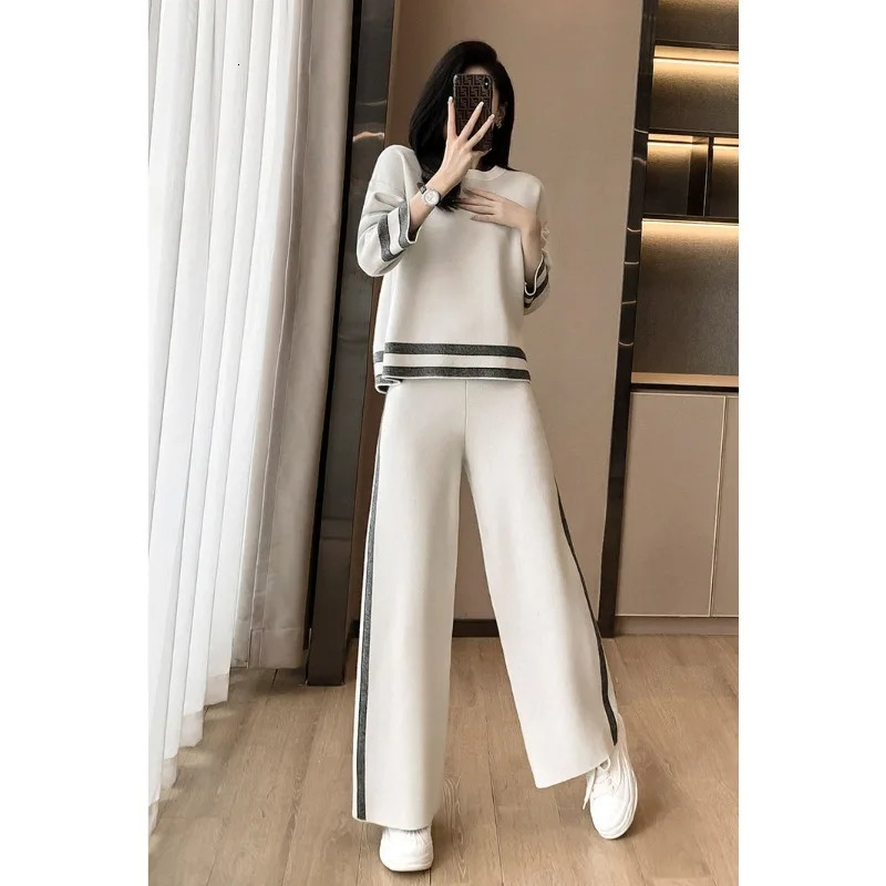 Womens casual pants set sportswear fashionable round neck long sleeved pullout loose wide leg Trouser 2piece track 240718
