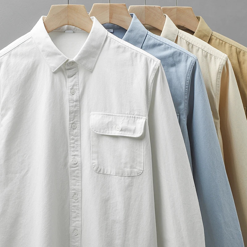 Dukeen Shirts for Men Spring and Autumn Pockets Cotton Solid Color White Plain Shirt Long-Sleeved Tops Mens Clothing 240715