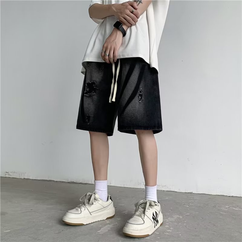 Yellow mud ripped hole American high street Vibe trendy brand denim shorts men's West Coast cement color 5-point pants summer thin