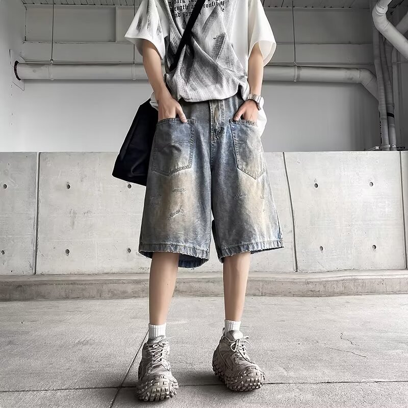 Summer denim thin casual workwear shorts, loose straight leg men's washed five point jeans