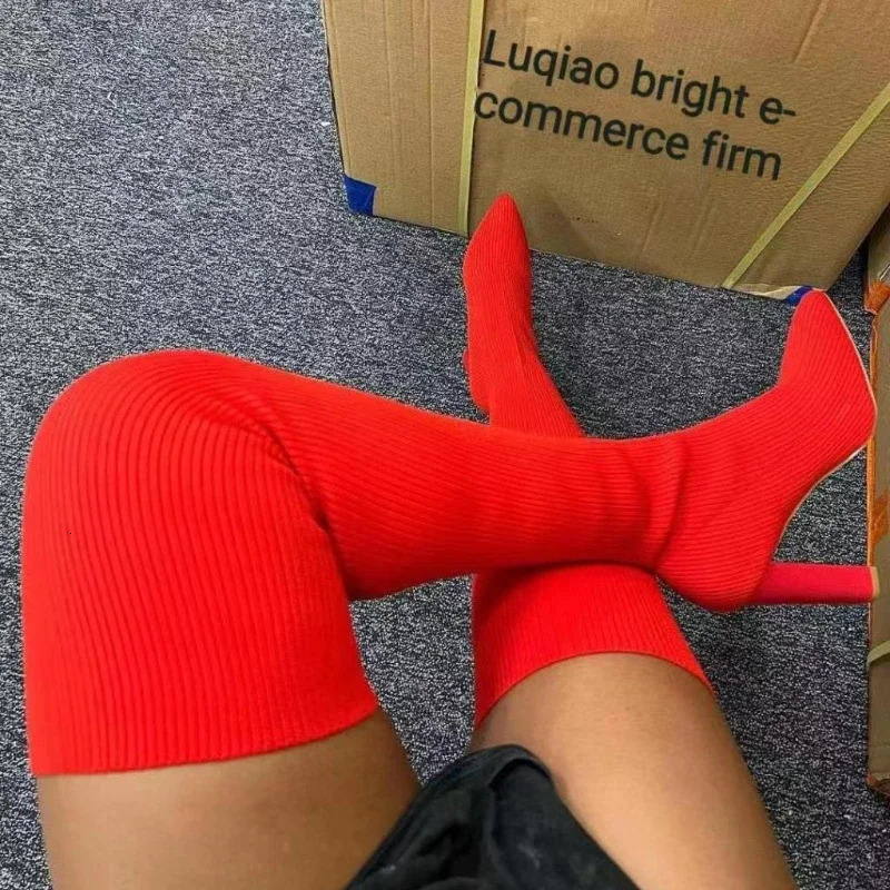 Womens High Heel Autumn Winter Fashion Knitting Stretch Women Retro Long Mid Sock Boots Botas Mujer 240717 4