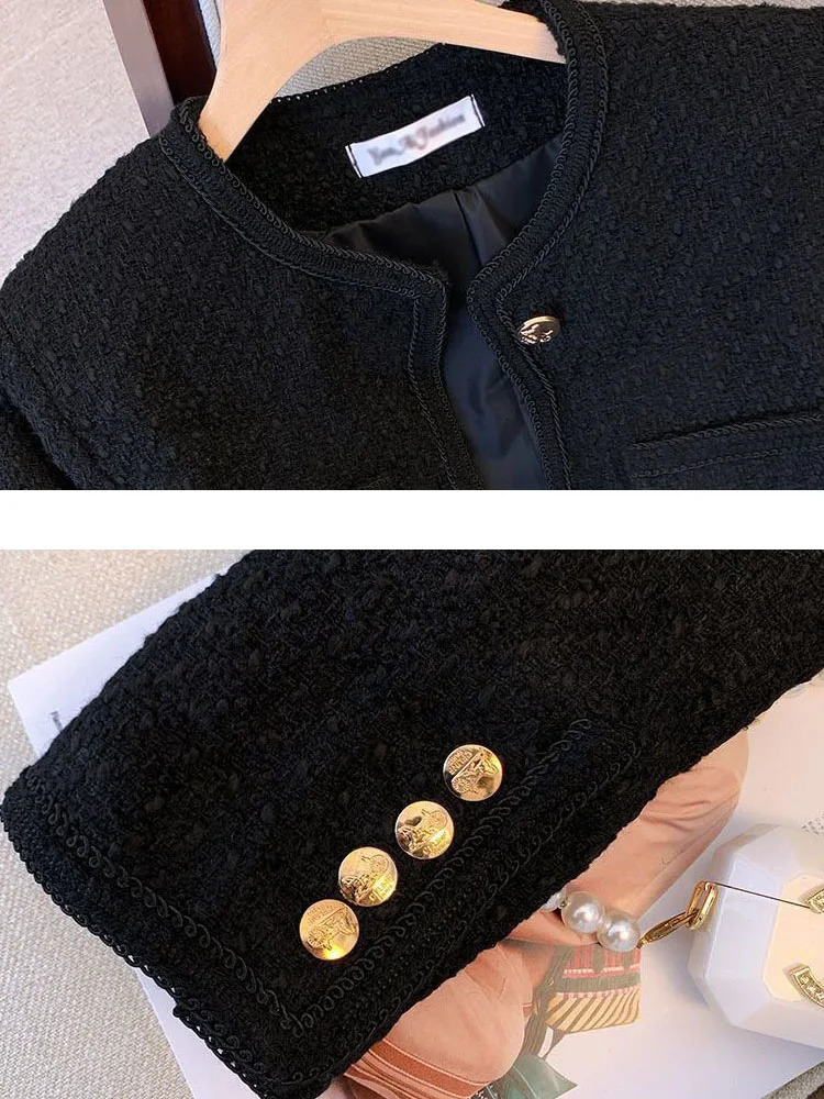 Women O-neck Tweed Cropped Woolen Jackets Korean Single Breasted Wool Blend Tops Coats Spring Fall Casual Short Chic Abrigos 240712