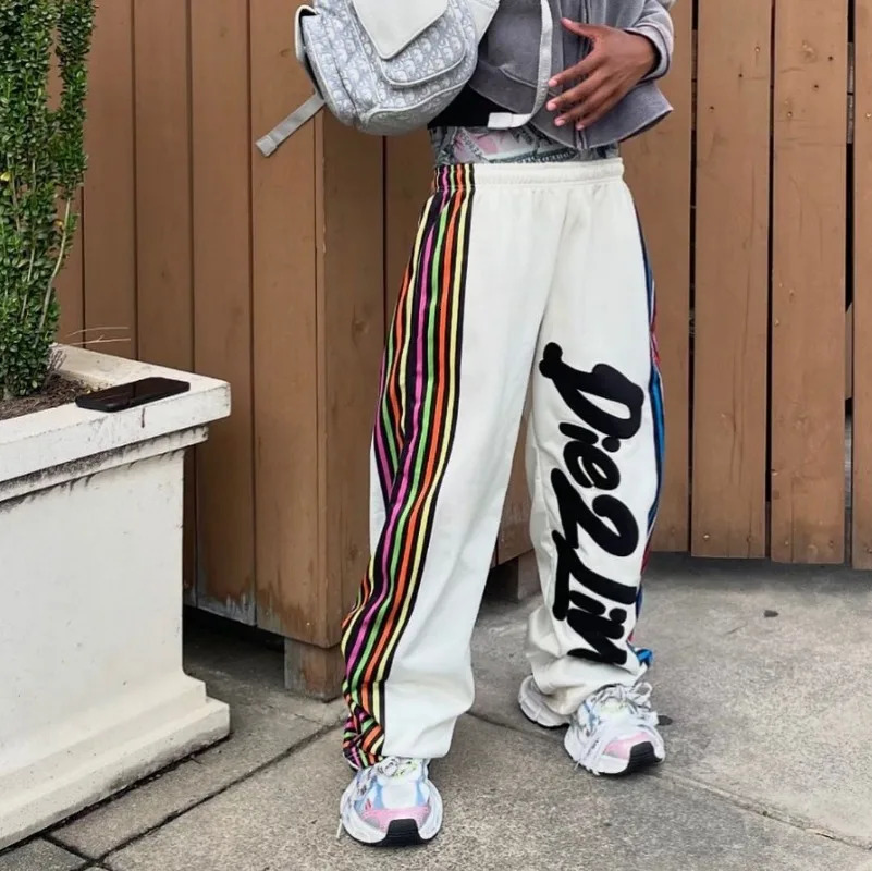 High Street Fashion Colorful Striped Letter Print Oversized Casual Pants Men Y2k Harajuku Retro Gothic Rock Straight Pants Women 240712