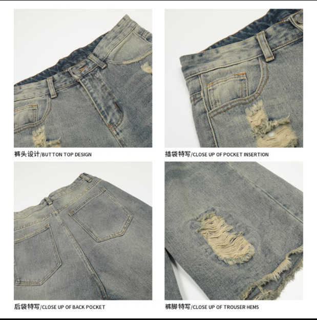 Wukong in stock American distressed ripped washed denim shorts men's trendy hip-hop loose and versatile five quarter pants