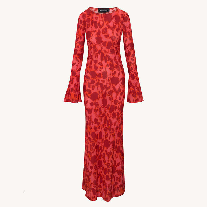 Summer New Red Printed Silk Blue Long Sleeved Dress with Sunscreen and Vacation Style for Women Long Summer Dress Sexy Waist Bifurcated Oversize Dress