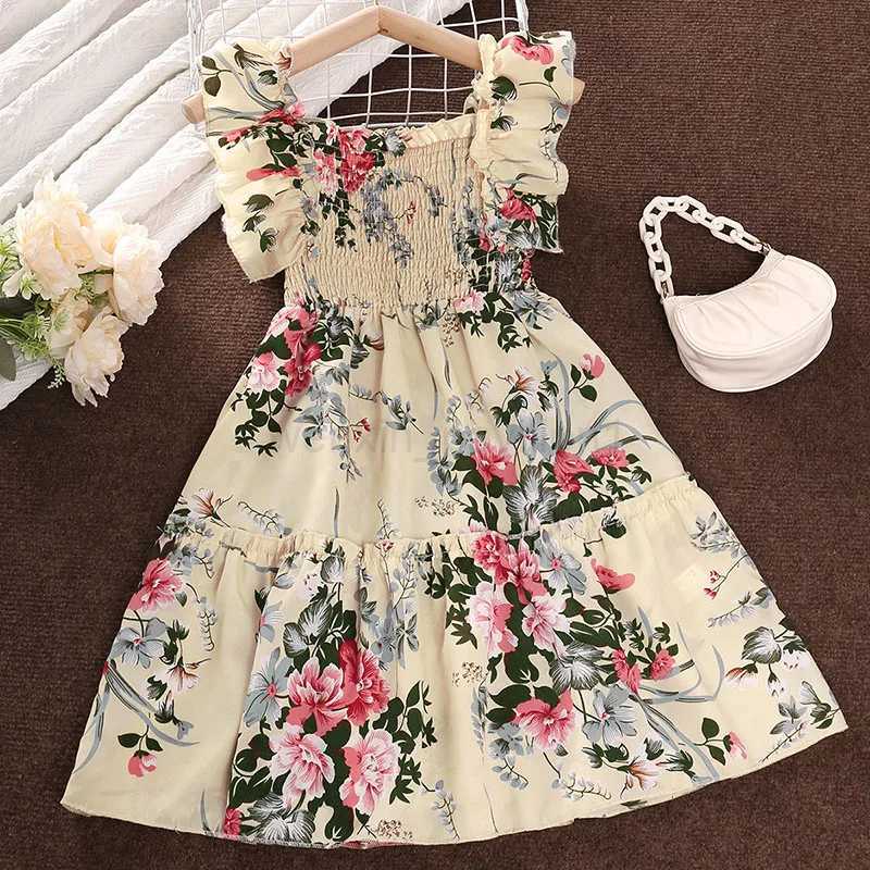 Summer Girls Long Skirt Polyester Square Collar Suspender Sleeveless Lace Play Smocking A-line Print Dress Pleated ComfortableXJ240720