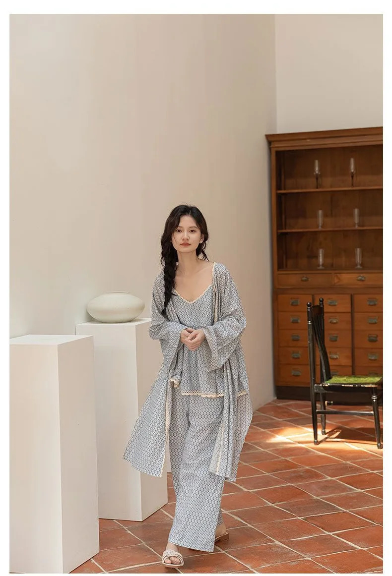 Women Spring Summer 3 Pcs Pajams Gown Set Female Sweet Geometric Printed Robe Top Pants Home Clothing Casual Loose Nightdress 240712