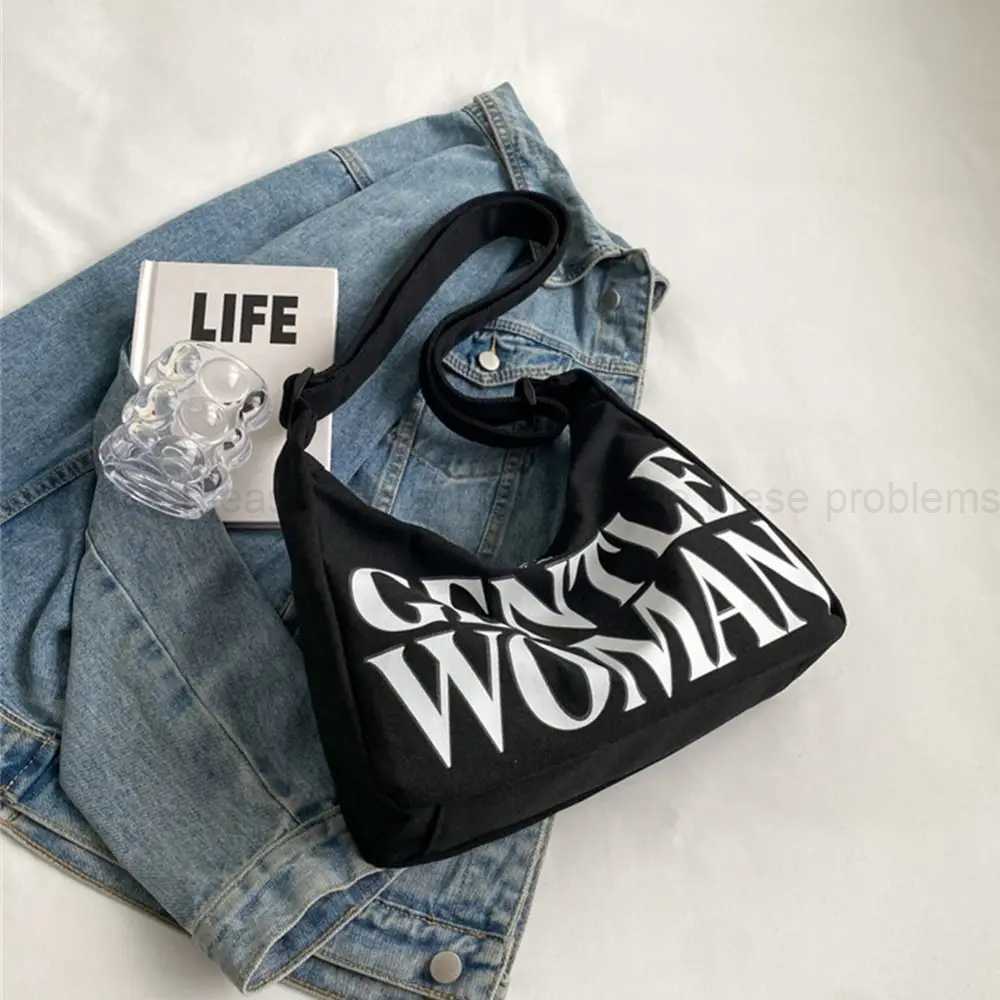 Gentlewoman Large Capacity Letters Canvas Portable Shoulder Tote Bags Students Crossbody Bag Fashion Outing Handbags Z240910