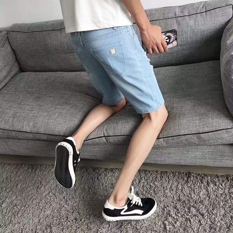 Summer thin ripped denim shorts men's American loose mid length trendy brand street versatile five quarter pants