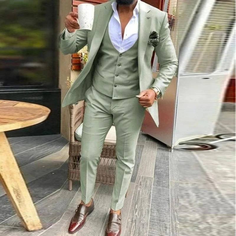 Light green Suits Men 3 Pieces Wedding Wear Business Male Groom Dress Jacket Vest Pants Set Blazers Coat 240713