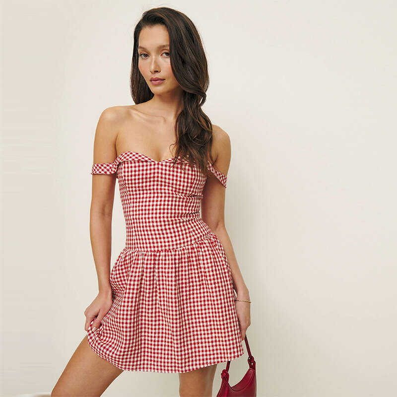 Summer New Collection Checkered One Shoulder Square Neck Slim Short A Line Sexy Hot Girl Dress Method Pregnant Women S Dress SKINNY DRESS Pregnant Wom