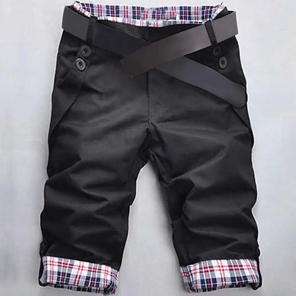 Summer Men Shorts Color Block Plaid Surf Board Shorts Beachwear Trousers Korean Style Pockets Casual Slim Fit Short Jeans M240720