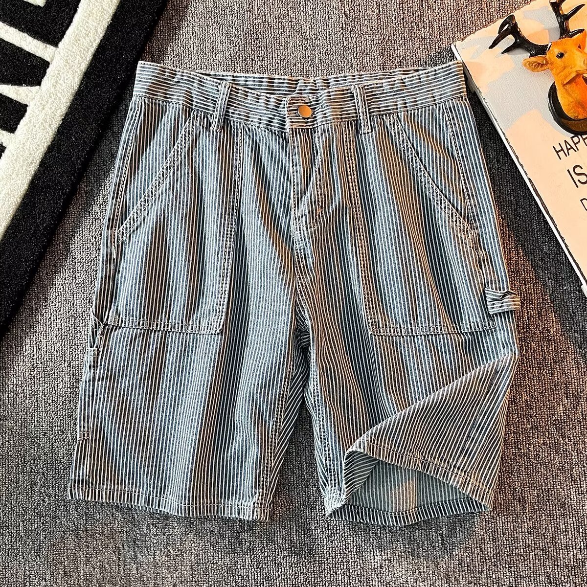 American striped denim shorts trendy brand loose straight five quarter horse men's summer thin casual mid length pants