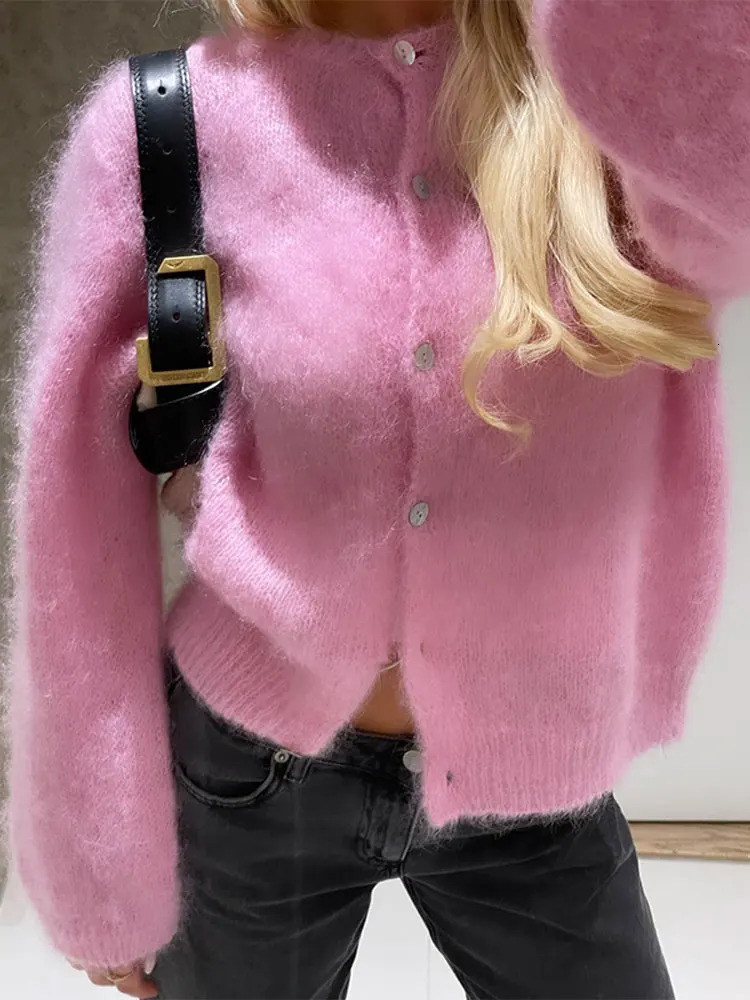 2024 SpringAutumn Open Knitted Collar Woolen Sweater Elegant OCollar Moher Solid Long Sleeve Womens Casual Soft Office Top 240718
