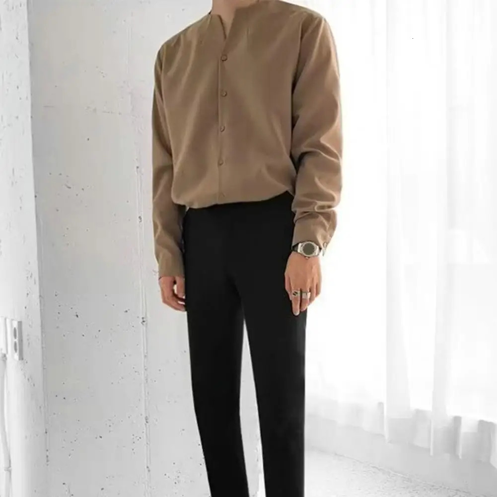 Stylish Casual Shirt AntiPilling Autumn Loose Fit Solid Work Collarless Colorfast Men Daily Clothing 240716