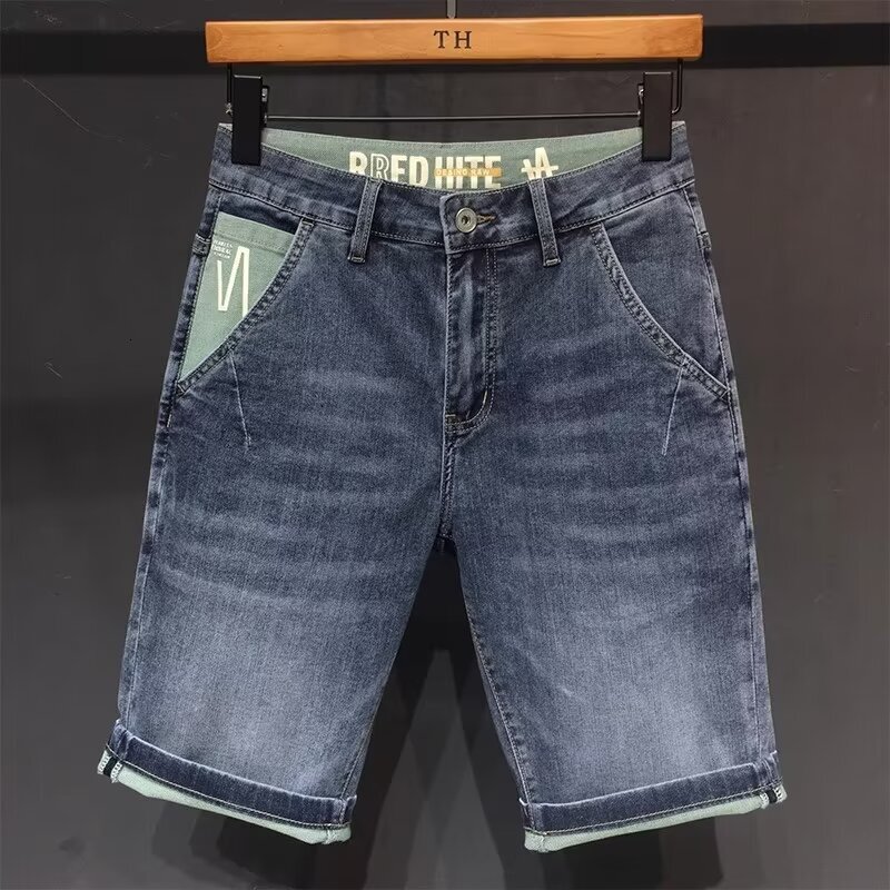 Denim shorts summer new thin five quarter trendy brand printed casual mid pants men's wash