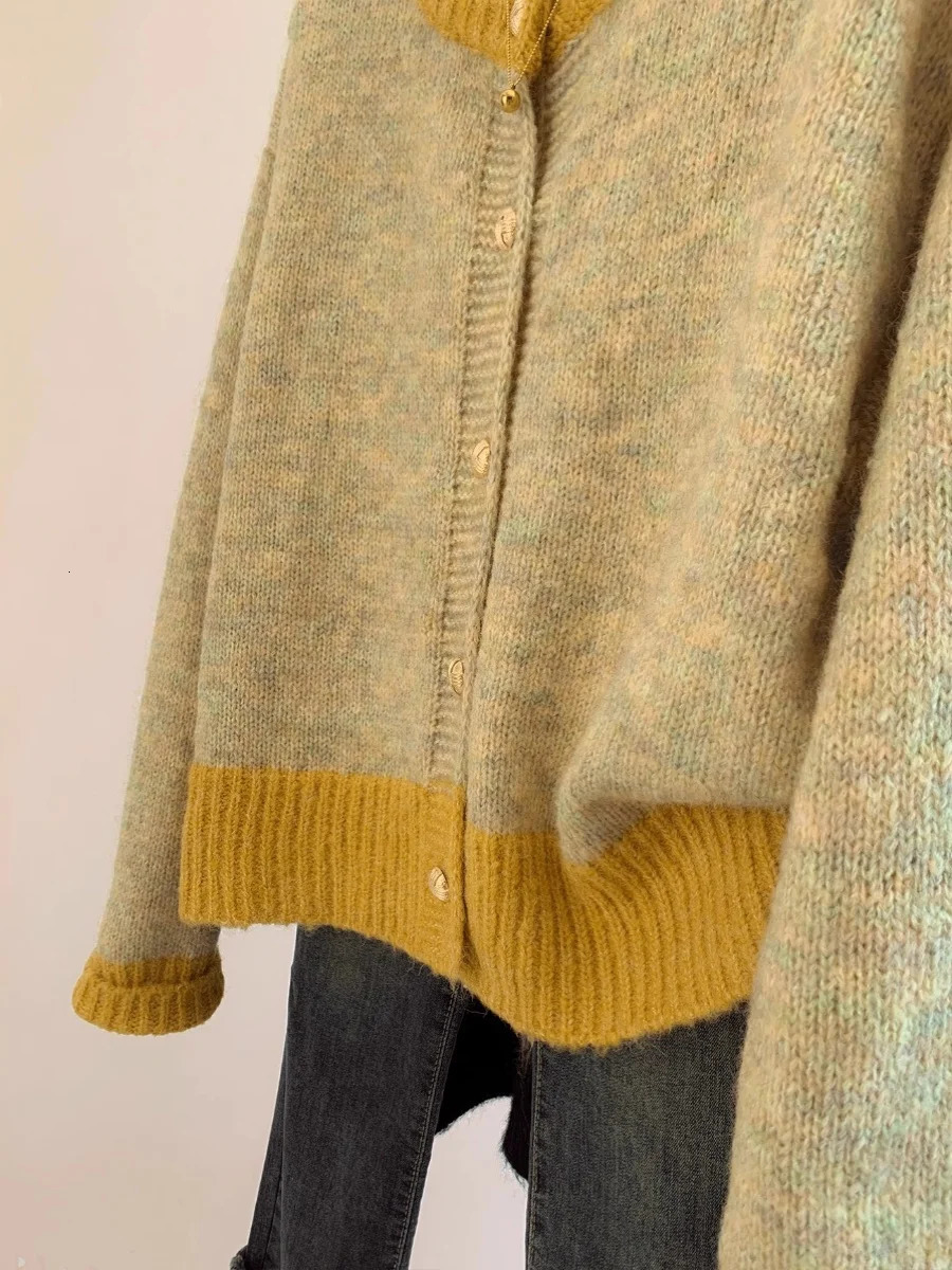 Single Breasted Pink Short Sweater Coat For Women Autumn Winter Lazy Small Knitted Cardigan Female O-Neck Splicing Color Top 240717