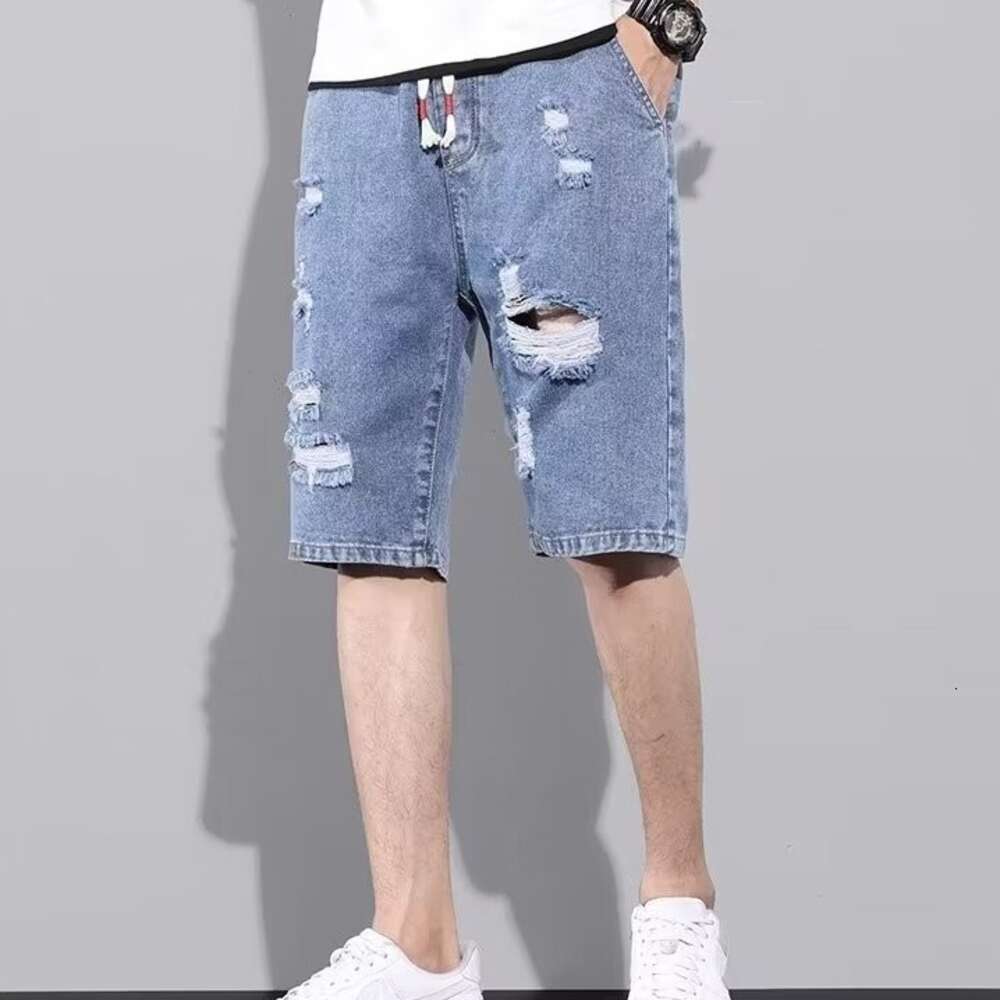 Punched denim shorts soft, comfortable, durable trendy brand ins men's casual five point mid length pants