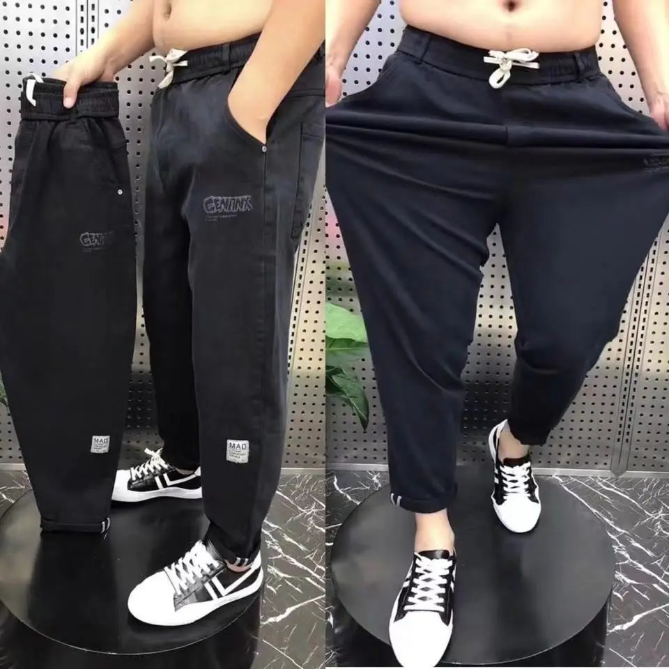 Harajuku Stretch Korea Streetwear Loose Solid Denim Jeans Elastic Waist for Men Spring Summer plus size 7XL 8XL Casual Pants 240715