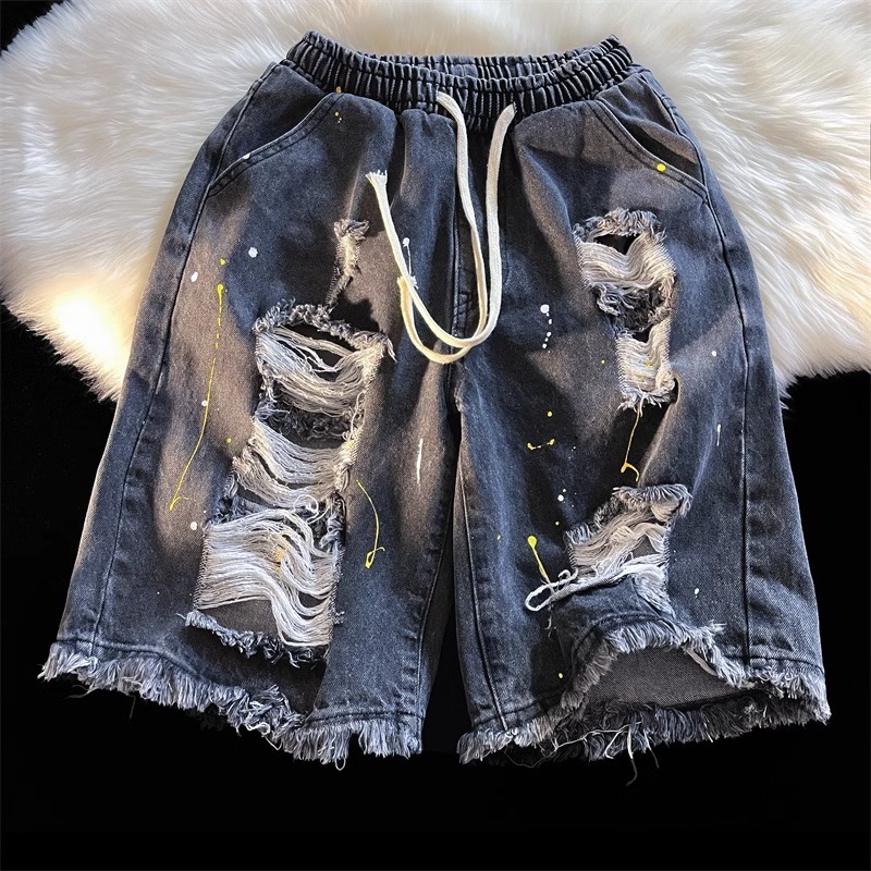 Original high-quality splashed ink ripped denim shorts for men in summer, thin design, niche and trendy brand