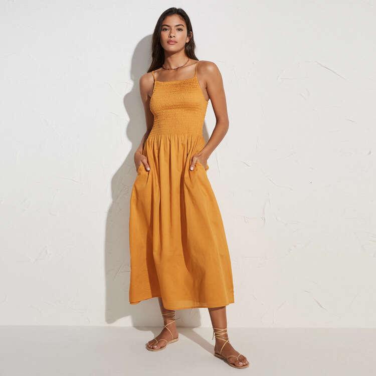 Ref Yellow Flax Slimming Strap Dress Summer New French Style Female Sexy Dress Fishtail Dress Waist Novelty Bifurcated Loose Oversize Dress Sexy SKINN