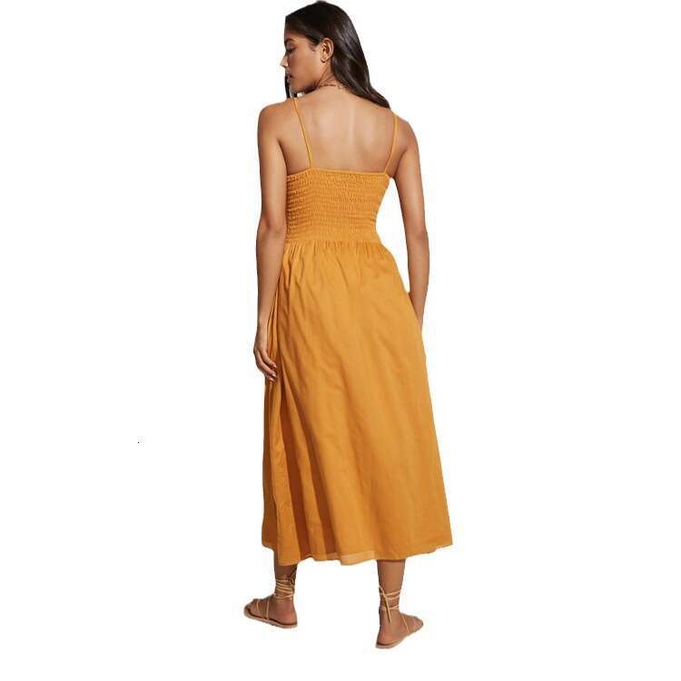 Ref Yellow Flax Slimming Strap Dress Summer New French Style Female Sexy Dress Fishtail Dress Waist Novelty Bifurcated Loose Oversize Dress Sexy SKINN