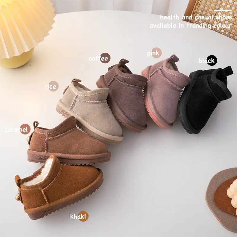 Kids Genuine Cowhide Snow Boots Winter Baby Soft Warm Cotton Shoes With Plush Boys Girls One Fur Suede Boots Princess Retro Boot 240710