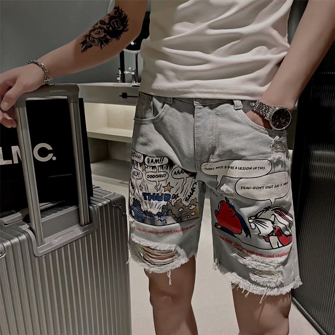Cowboy shorts men's trendy brand ins ripped five pants Korean version loose summer thin style beggar 5 cent hip-hop 4