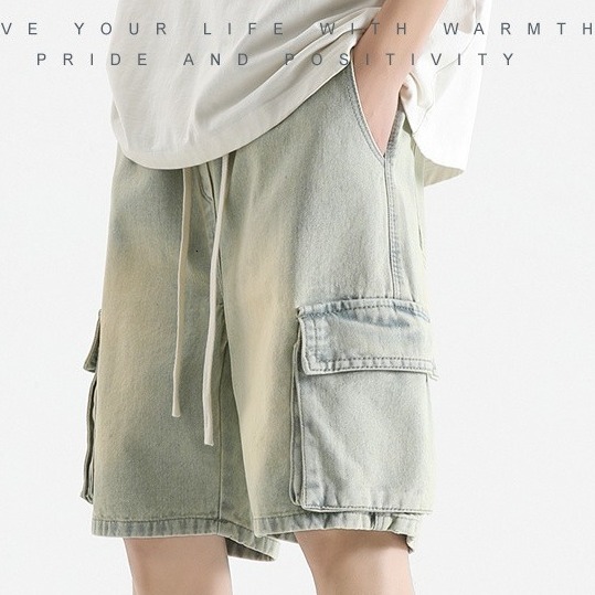 Summer trendy denim shorts for both men and women, American workwear, casual mid length pants, loose plus size five quarter pants