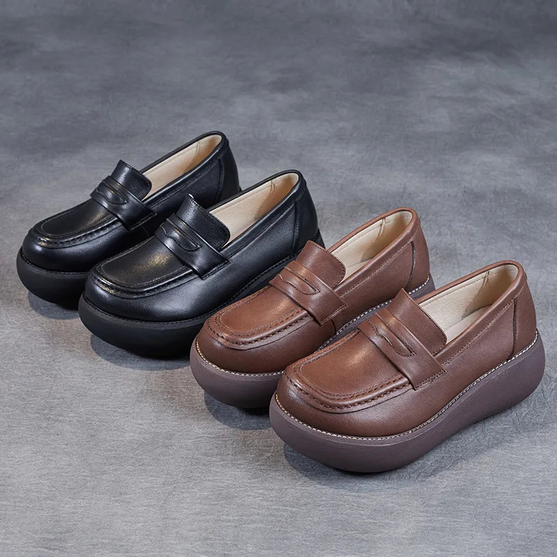 Single Shoe Genuine Leather Loafers Womens Brown Retro Slope Heel Ethnic Style Shoes 240718