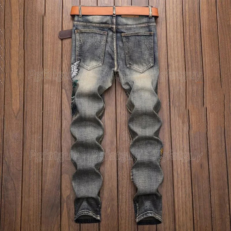 Retro Blue Tracksuit Spring Autumn Embroidered Crane Mens 2pcs Pant Sets Fashion Slim Fit Denim Jacket and Stretch Jeans 240712