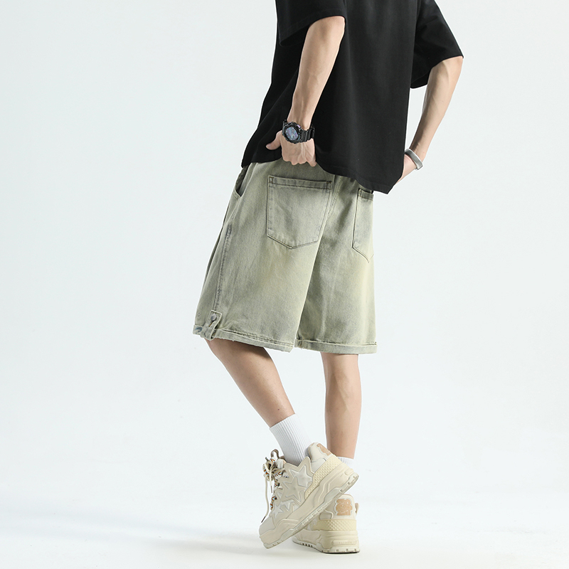 Clean fit washed distressed loose wide straight leg casual five part denim shorts for both men and women