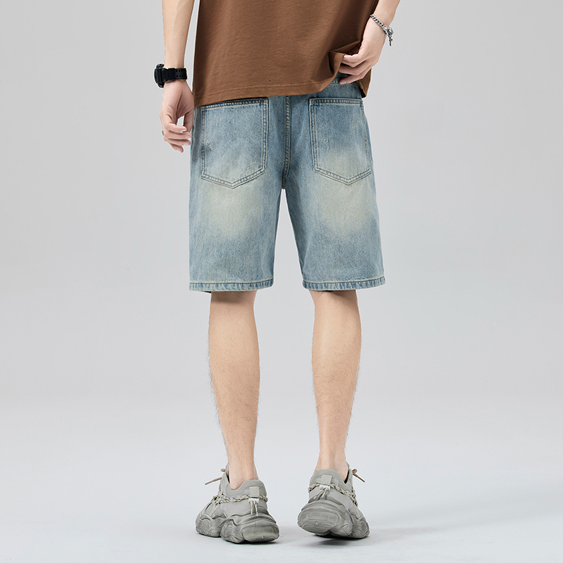 2024 Summer American Light Blue Washed Piercing Trendy Brand Denim Five Cent Shorts Men's Wear