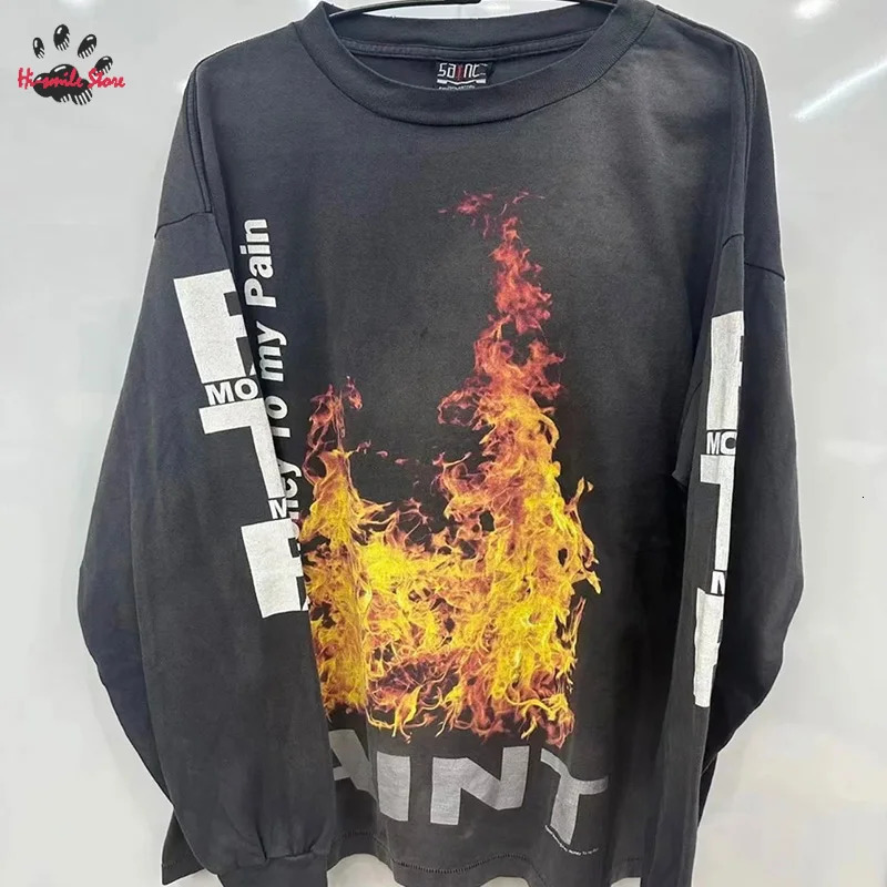 Flame Printing SAINT Long Sleeve T Shirt Men Woman Oversized Streetwear Hip Hop Casual Couple Top Tee Cotton Washed Grey 240715