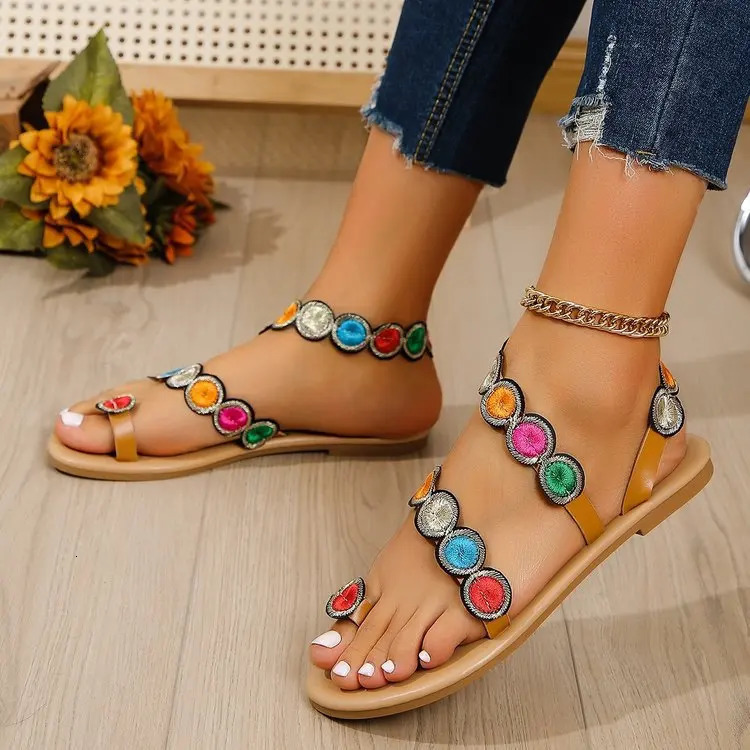 2024 Summer Bohemia Beach Sandals Women Shoes Fashion Peacock Feathers Flat Slippers Comfortable Large Size Woman Sandals 240719