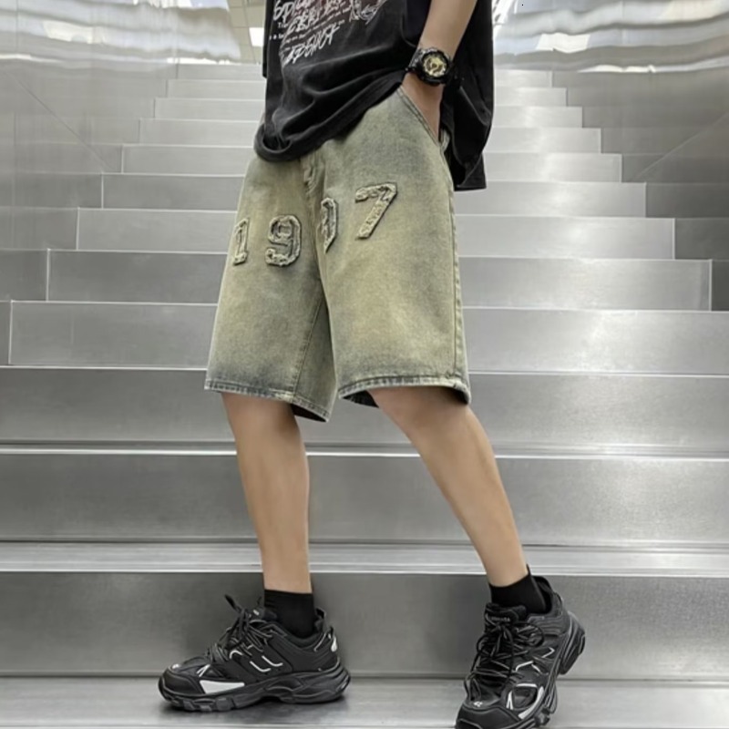 American high street denim shorts men's summer loose wide straight leg five quarter trendy brand cool pants