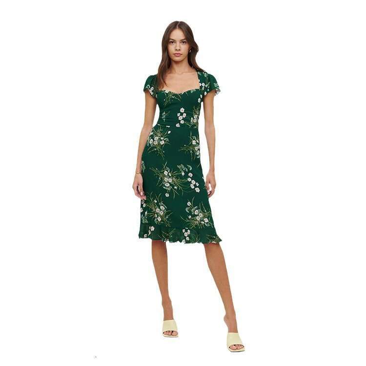 Summer New Sexy Square Neck Medium Long Slim Fit Floral Dress French Women S Wear Waist Self Cultivation Novelty BOHO DRESS Pregnant Women S Dress SKI