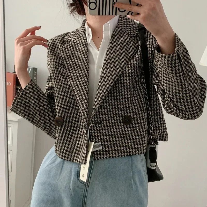 Vintage Plaid Crop Blazer Top Chic Elegant Office Clothing Spring Autumn Lady Suit Jacket Women Double Breasted Coats 240715